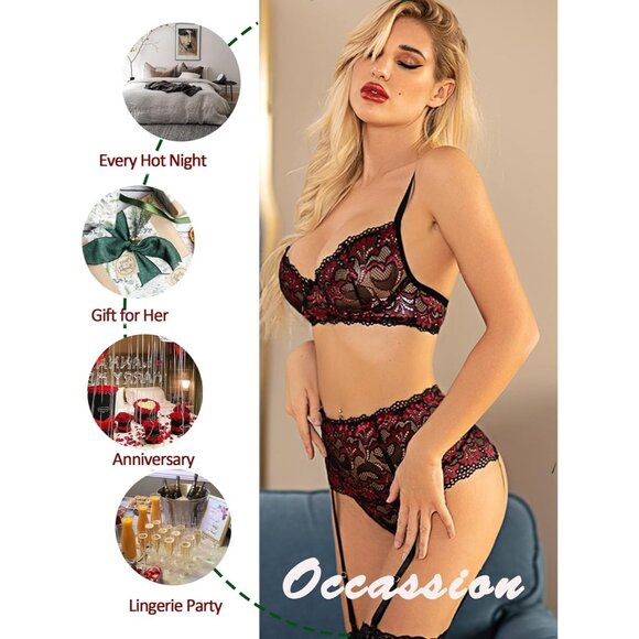 Women Dak Red Lingerie Set High Waisted Underwire Lingerie With Garter Belt Lace - Picture 5 of 6